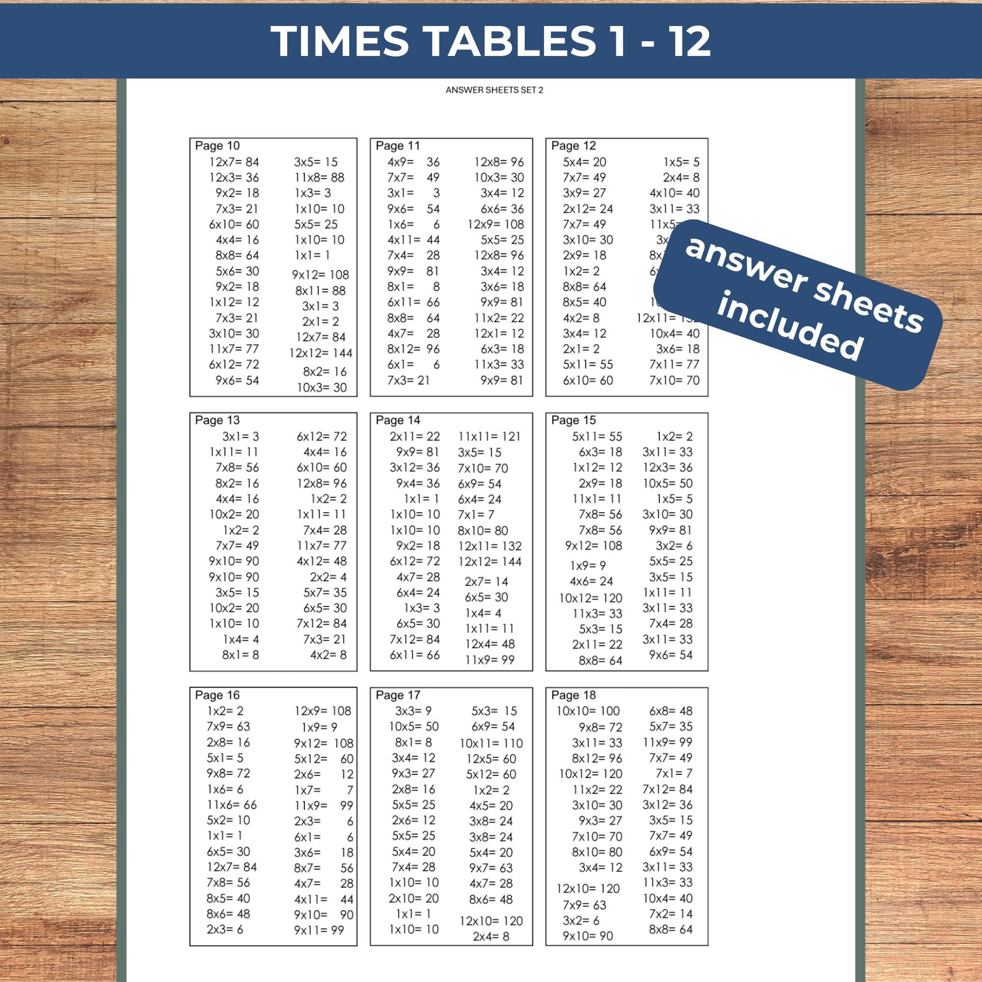 Table For Answer 20 Printable Times Tables Worksheets, Mixed Tables 1 – 12, Answer Key ...