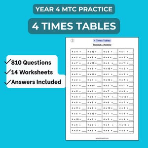 4 Times Tables Practice Pack | Year 4 Maths | Multiplication Tables Check (MTC) Prep |  810 Questions | KS2 Fluency Worksheets PDF