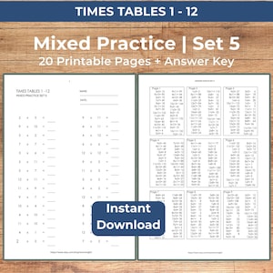 May include: Printable times tables practice set. The image shows worksheets with multiplication problems from 1 to 12, with mixed practice sets and an answer key. The words "Instant Download" are also visible.