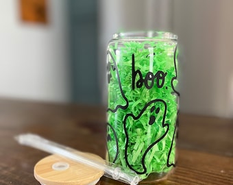 Halloween-glas, boo-blikje, glazen blikje, glas bierblikje, ijskoffie, blikje frisdrank