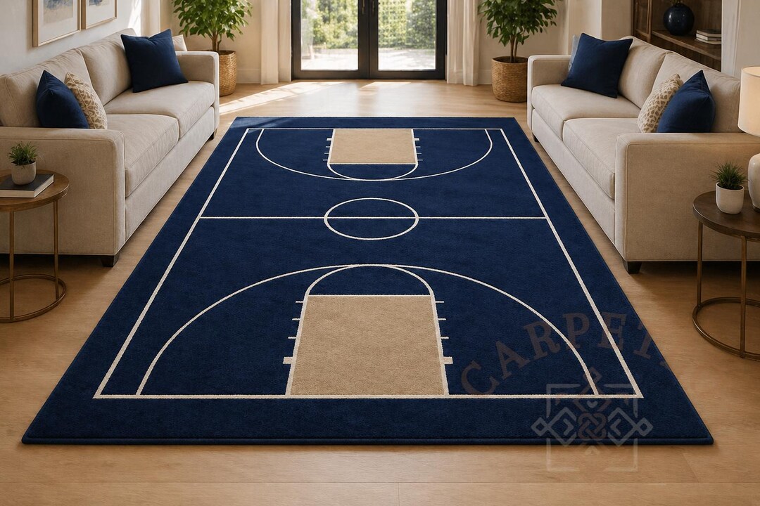 Hand Tufted Basketball Court Rug, Navy Blue Beige Sports Carpet, Plush ...