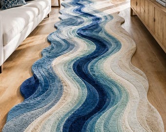Handgetufteter Teppich aus Wollmischung, Abstraktes Wellenfluss Design, Küstenblaues Elfenbein