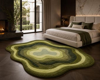 Handgetufteter Bio Kontur Teppich - Abstraktes Topographisches Design, Olivgrün Salbei Creme