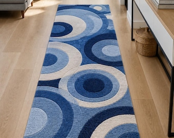 Handgetufteter Blauer Geometrischer Läufer Teppich, Moderne Konzentrische Kreise, Plüsch Wollmischung Teppich