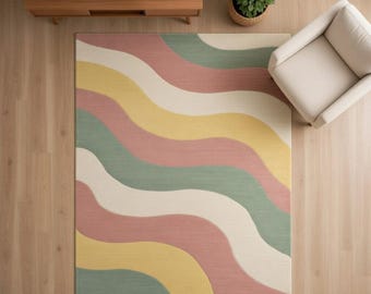 Handgetufteter Wollteppich, Mid Century Modern Pastel Wave Decor