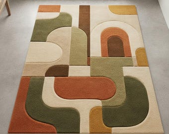 Handgetufteter abstrakter geometrischer Teppich - Mid-Century Moderner Teppich in erdigen Tönen