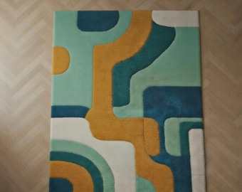 Handgetufteter Abstrakter Geometrischer Wollteppich, Mid Century Moderner Wohnzimmer Teppich