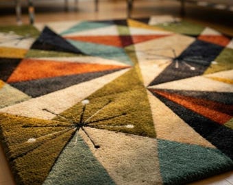 Handgetufteter Wollteppich, Geometrischer Abstrakter Retro Teppich, Mid Century Modern Wohnzimmer Teppich
