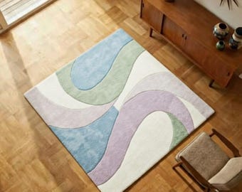 Handgetufteter Abstrakter Pastell Mid Century Wollteppich, Modernes Wohndekor