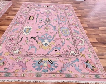 Handgeknüpfter Oushak Pink-Teppich, künstlerischer Boho-Teppich, Bodendekor im Vintage-Stil