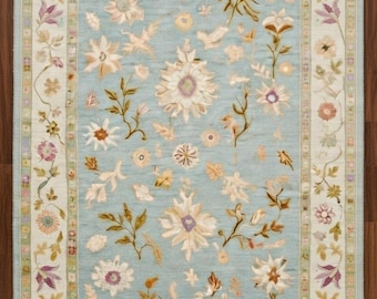 Handgeknüpfter Oushak Teppich mit Blumenmuster, pastellblauer Teppich im Vintage-Stil, Boho-Bodendekor