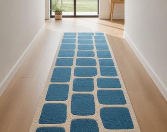 Handgetufteter Blauer Geometrischer Läufer: Moderner Abstrakter Teppich mit Blockmuster