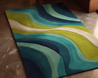 Handgetufteter Abstrakter Wellen Wollteppich, Mid Century Modern Geometrischer Teppich