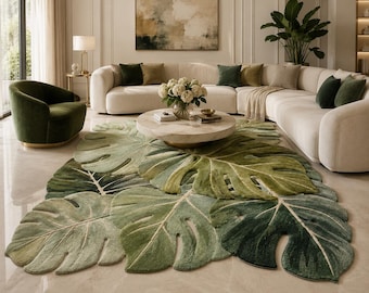Handgetufteter Monstera Blatt Teppich - Tropisches botanisches Design, salbeigrüner Plüsch-Teppich