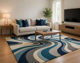 Handgetufteter Abstrakter Wellen Wollteppich, Mid Century Modern Geometrischer Teppich