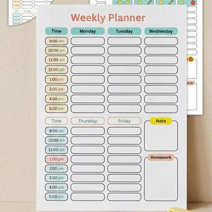 Peut inclure: Une feuille de planning hebdomadaire blanche avec des en-têtes aux couleurs pastel pour les jours de la semaine et des créneaux horaires de 9h00 à 17h00. La mise en page comprend des colonnes du lundi au vendredi, une note et un devoir.