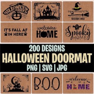 May include: A collection of 200 Halloween doormat designs in PNG, SVG, and JPG formats. The display features various rectangular mats with black graphics on a tan background, including haunted houses, pumpkins, ghosts, and text like Halloween Party.