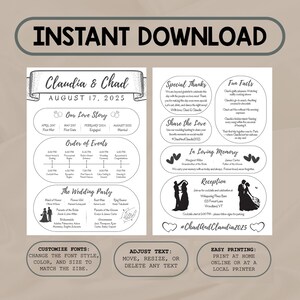 May include: A printable wedding invitation template with the names "Claudia & Chad" and the date "August 17, 2025". The design includes event details, a timeline, wedding party names, and a reception location.