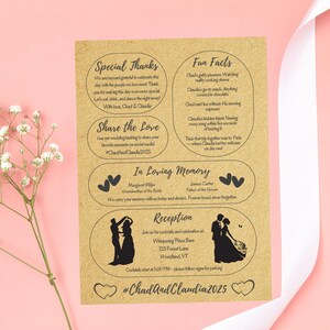 May include: A rustic wedding invitation with text in a handwritten style. The invitation includes sections for special thanks, fun facts, in loving memory, and reception details. The invitation is decorated with hearts and silhouettes.