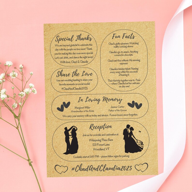 May include: A rustic wedding invitation with text in a handwritten style. The invitation includes sections for special thanks, fun facts, in loving memory, and reception details. The invitation is decorated with hearts and silhouettes.