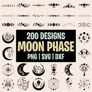 May include: A collection of 200 black moon phase graphic designs in PNG, SVG, and DXF formats. The image features various celestial motifs including crescent moons, crystals, stars, floral elements, mushrooms, and eyes arranged in a grid layout.