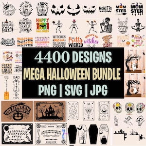 Può includere: Una collezione digitale di 4400 design grafici a tema Halloween nei formati PNG, SVG e JPG. Il pacchetto include varie illustrazioni, tra cui scheletri, zucche, fantasmi, case infestate, tavole ouija e diverse scritte tematiche.