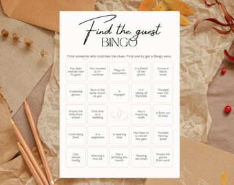 Vind de gastbingo | Bingospel vrijgezellenfeest | Tafelspellen bruiloft | Spellen voor vrijgezellenfeesten | Trouwspellen| Vind de gast | Spelsjabloon