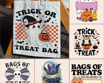 Può includere: Una borsa tote bianca a tema Halloween. La borsa presenta un fantasma con un cappello da strega e una zucca, con la scritta "TRICK OR TREAT BAG". Sono presenti anche altre grafiche a tema Halloween, come pipistrelli e stelle.