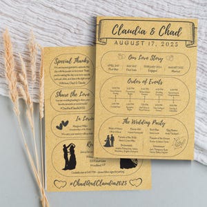 May include: Two kraft paper wedding invitations. The main invitation features the names "Claudia & Chad" and the date "August 17, 2025." Details include the wedding party, order of events, and a love story timeline. The second invitation includes a thank you message.