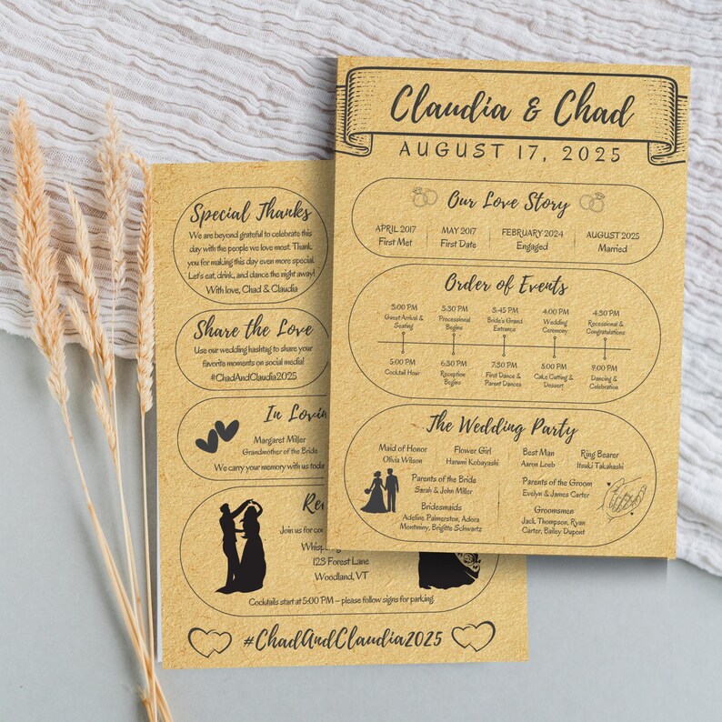 May include: Two kraft paper wedding invitations. The main invitation features the names "Claudia & Chad" and the date "August 17, 2025." Details include the wedding party, order of events, and a love story timeline. The second invitation includes a thank you message.