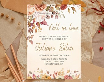 May include: A bridal shower invitation with the text "Fall in love" and "Juliana Silva." The design features watercolor flowers, pumpkins, and leaves in autumnal colors. The invitation includes the date, time, and location of the event.