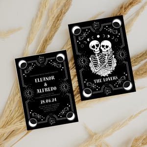 Tarot Card Wedding Invitation | Gothic Halloween Wedding Invite | Black Wedding Invitation | Skeleton The Lovers Invite | Halloween Wedding