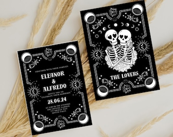 Tarot Card Wedding Invitation | Gothic Halloween Wedding Invite | Black Wedding Invitation | Skeleton The Lovers Invite | Halloween Wedding