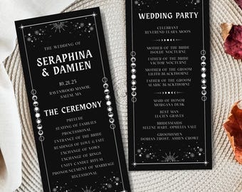 May include: Two black wedding programs with white text. The left program lists the ceremony details, while the right program lists the wedding party. Both programs have a celestial design with stars and moons.
