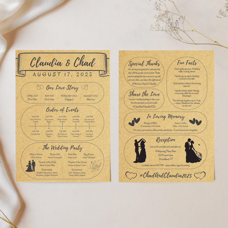 May include: Two-page wedding program printed on tan cardstock. The left page features the names "Claudia & Chad" and the date "August 17, 2025." It includes the order of events and wedding party details. The right page has "Special Thanks" and "Fun Facts."