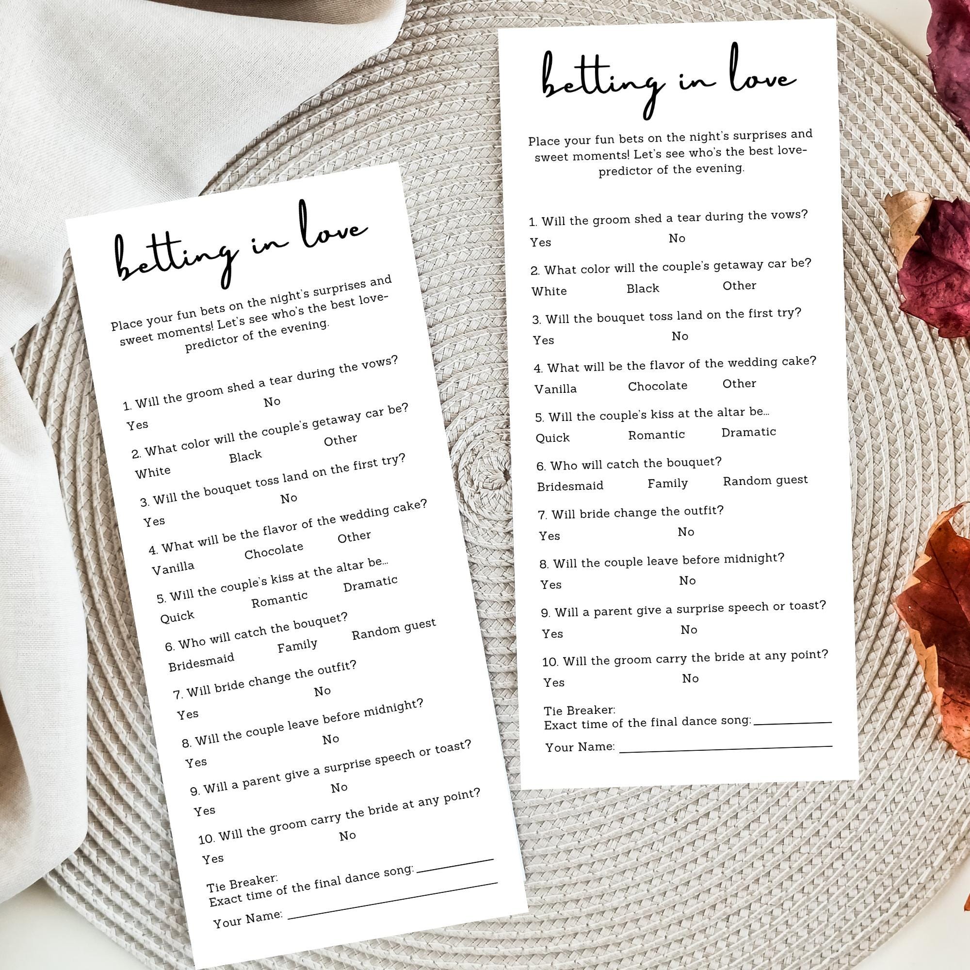 Wedding Place Your Bets | Wedding Prop Bet Sheet | Prop Bets Card | Wedding Place Your Bets | Fun Reception Game | Bridal Shower Games