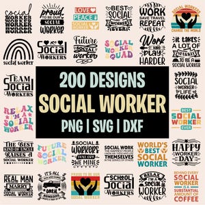 以下が含まれることがあります： PNG、SVG、DXF形式のソーシャルワーカー向けグラフィックデザイン200点。画像には「Social Worker」、「Social Worker Squad」、「World's Best Social Worker」などのフレーズを含む、さまざまなタイポグラフィレイアウトが表示されています。