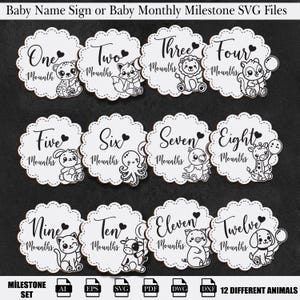 Nom de bébé et étape du mois pour bébé, signe animal, fichiers découpés au laser pour bébé, lot de fichiers découpés au laser, Svg, Eps, AI, Dxf, Dwg, Cnc