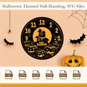 Puede incluir: Reloj de Halloween de color negro y naranja con una casa encantada, calabazas y el texto "Happy Halloween".