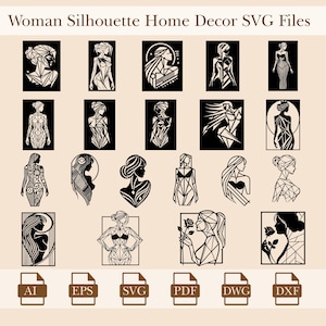 May include: A set of 18 black and white geometric silhouette SVG files of women. The files are available in AI, EPS, SVG, PDF, DWG, and DXF formats.