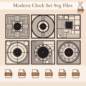 May include: Set of six black and white clock designs in a modern style. The designs are in a square format and feature different geometric patterns. The clock faces are all black with white Roman numerals. The designs are labeled with the file types AI, EPS, SVG, PDF, DWG, and DXF.