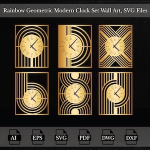 May include: Set of six gold geometric clock designs with Roman numeral clock faces. The designs feature different geometric patterns with lines and curves. The clock faces are all the same size and have black hands. The designs are perfect for a modern home decor.