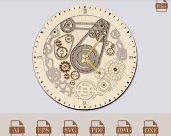 Gear Clock Laser Cut Files,Clock Wood Layer Files,Modern Laser Cut Files Svg, Eps, AI, Dxf, Dwg