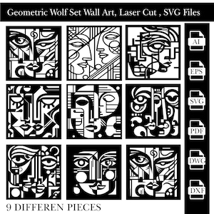 Könnte beinhalten: Satz mit neun geometrischen Wolfskopf-Wandkunstdesigns in Schwarzweiß. Die Designs sind im quadratischen Format gehalten und weisen abstrakte geometrische Formen auf. Der Text "9 DIFFEREN PIECES" befindet sich am unteren Rand des Bildes.