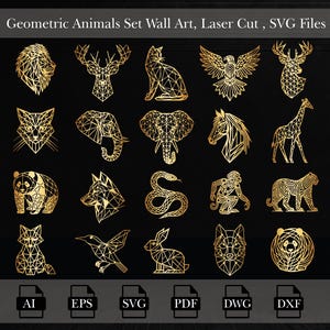 幾何学的な動物セット、バンドルレーザーカット、部屋の壁アート、動物のSVGファイル、モダンな壁アート、抽象
