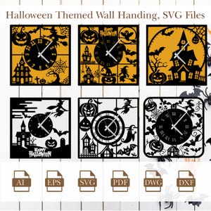 May include: Six different Halloween-themed clock designs in black and orange. Each design features a clock face with Roman numerals, a spooky house, bats, and other Halloween imagery. The designs are available in AI, EPS, SVG, PDF, DWG, and DXF file formats.