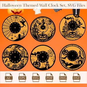 Op de afbeelding: Set van zes Halloween-thema wandklokontwerpen in zwart-wit. Elke klok heeft een ander griezelig ontwerp, waaronder een spookhuis, een spinnenweb, een heks en een pompoen. De wijzerplaten van de klokken zijn allemaal zwart met witte cijfers en wijzers. De ontwerpen zijn geschikt voor het snijden met een lasersnijder of CNC-machine.
