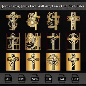 File di taglio laser di Gesù Cristo, Volto di Gesù, Set di file della croce di Gesù, File di strati di metallo e legno, Svg, Eps, AI, Dxf, Dwg