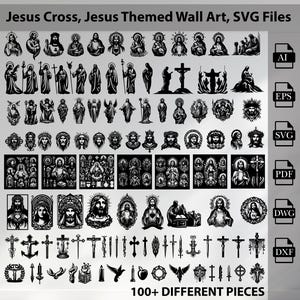 File di taglio laser di Gesù Cristo, Volto di Gesù, Set di file della croce di Gesù, File di strati di metallo e legno, Svg, Eps, AI, Dxf, Dwg