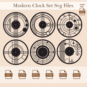 May include: Set of six modern clock designs in black and white. The clocks feature geometric patterns and Roman numerals. The designs are available in AI, EPS, SVG, PDF, DWG, and DXF file formats.